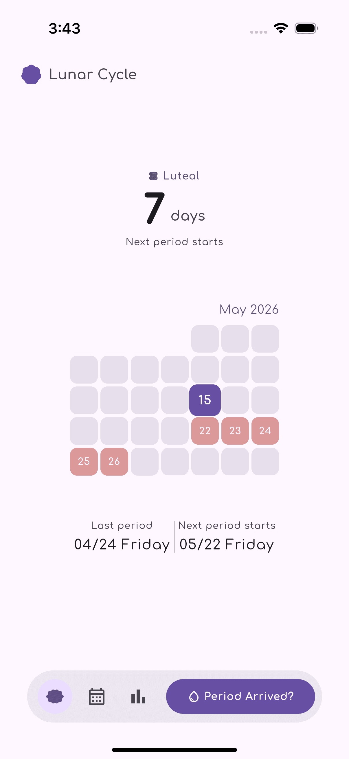 YIMA overview screen with circular cycle calendar