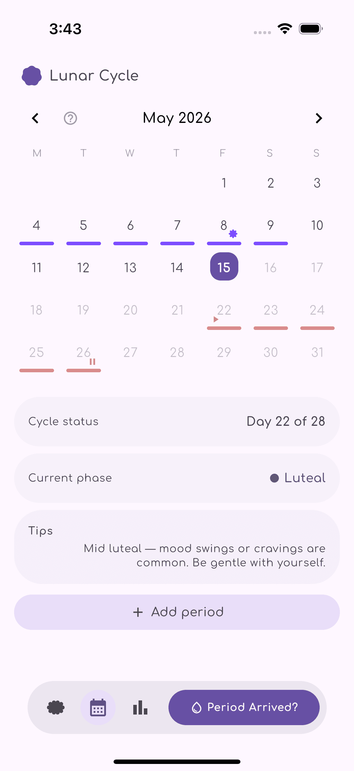 YIMA detail calendar showing period, prediction and ovulation markers